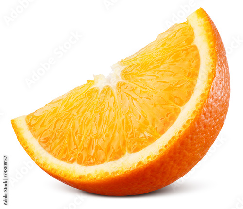 Orange slice isolated. Cut orange on white background. Orang fruit piece with clipping path. Full depth of field.