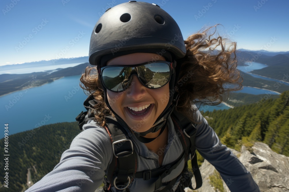 A young woman enjoying the exhilarating freedom of skydiving, gracefully navigating the open skies with her parachute. A young woman enjoying the exhilarating freedom of skydiving, gracefully navigating the open skies with her parachute.