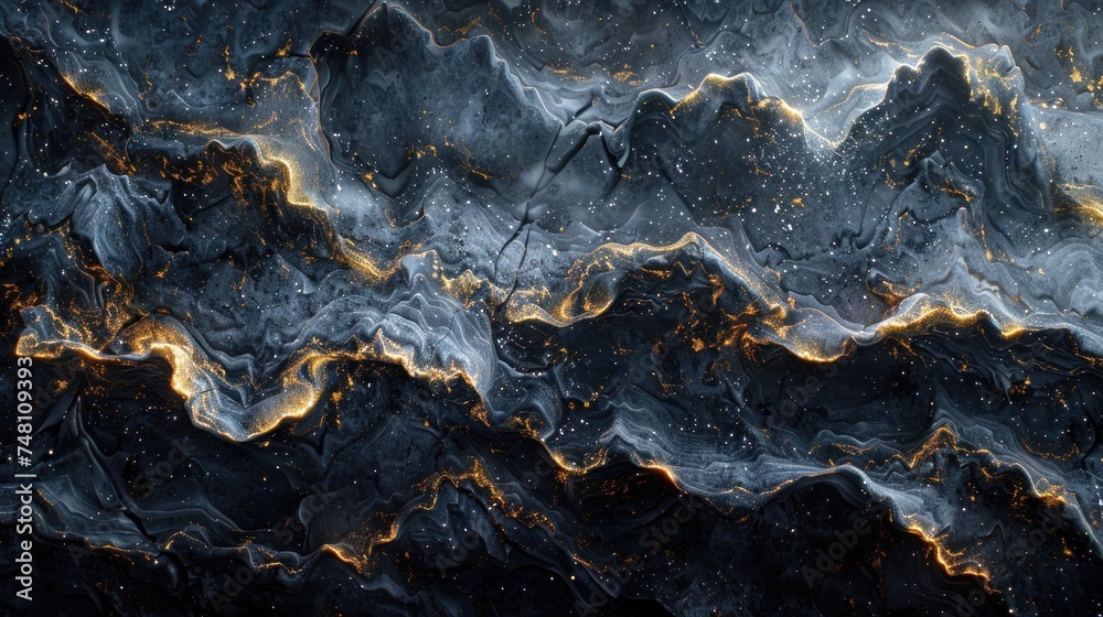Abstract background of marble slab with interweaving black and gray shades with wavy lines gold powder. Black marble slab or grunge stone Abstract background of marble slab with interweaving black and gray shades with wavy lines gold powder. Black marble slab or grunge stone