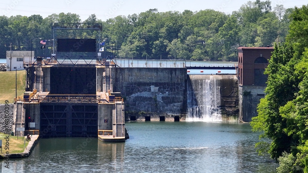 Canal Locks on Seneca Canal near Cayuga Finger Lake in New York State landscape countryside 