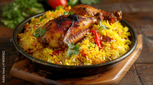 chicken biryani with yellow rice. indian dish of rice and chicken marinated in spices. ramadan food