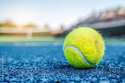 Tennis ball on a blue court with the net in background, symbolizing active sports, competition, healthy life and vibrant energy of tennis matches © KRISTINA KUPTSEVICH