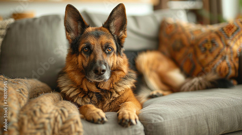 Favorite pet dog lies on the sofa in the living room. Pet care.