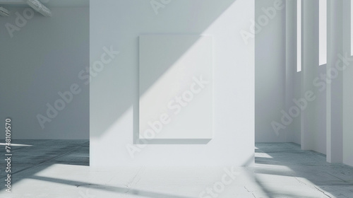 Minimalistic white gallery interior with empty poster. 