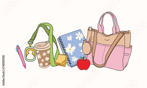 Cute teacher stuff collection with coffee cup vector, retro vintage favorite teacher things clip art, teacher bag essentials vector