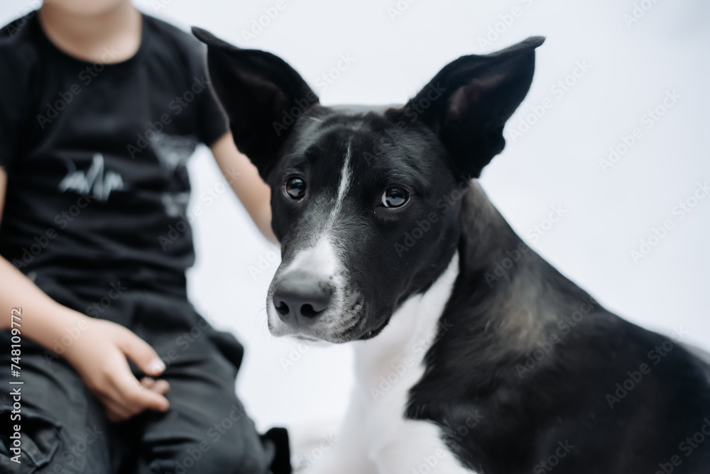 Child smiling at the camera while hugging his dog