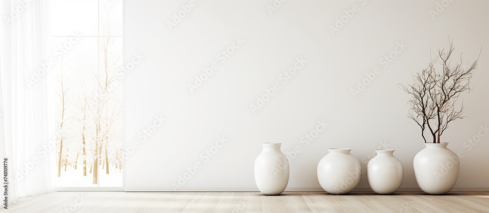 Three clean white vases are placed neatly on top of a wooden table in a minimalist room. The vases stand out against the wooden surface, adding a simple yet elegant touch to the decor. Three clean white vases are placed neatly on top of a wooden table in a minimalist room. The vases stand out against the wooden surface, adding a simple yet elegant touch to the decor.