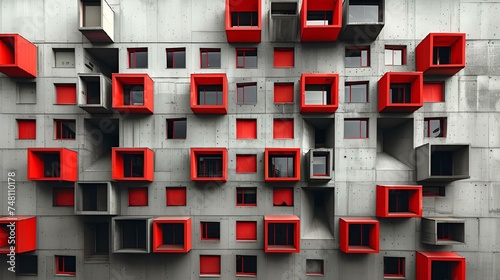 brutalist concrete building with red windows