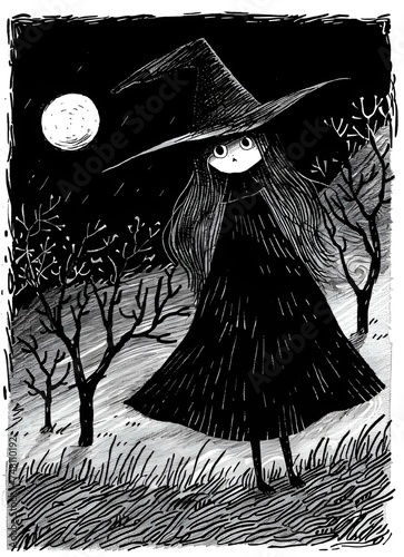 Halloween witch during full moon block print style