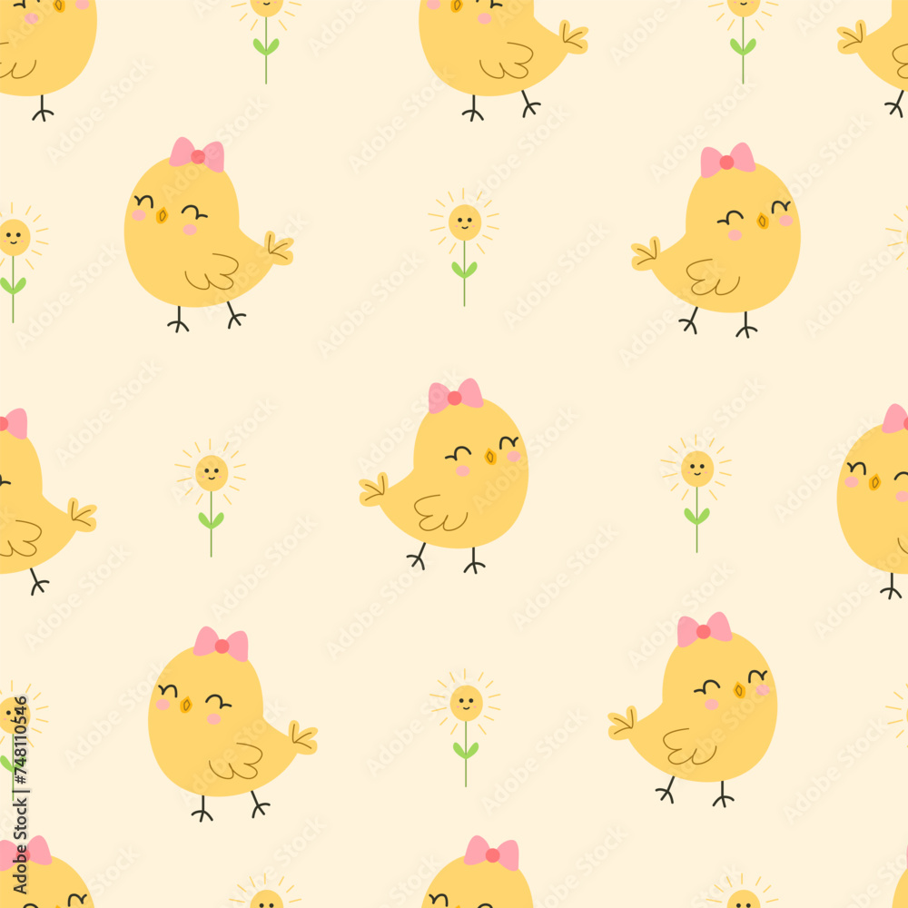 Cute chickens seamless pattern. Children's wallpaper for Easter. Yellow love flower background Cute chickens seamless pattern. Children's wallpaper for Easter. Yellow love flower background