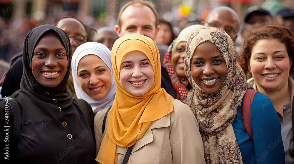 Diverse array of faces from different ethnicities and cultures converge, each person wearing a symbol of their religious identity Buddhist prayer bead necklace, Christian cross pendant, Muslim hijab. Diverse array of faces from different ethnicities and cultures converge, each person wearing a symbol of their religious identity Buddhist prayer bead necklace, Christian cross pendant, Muslim hijab.