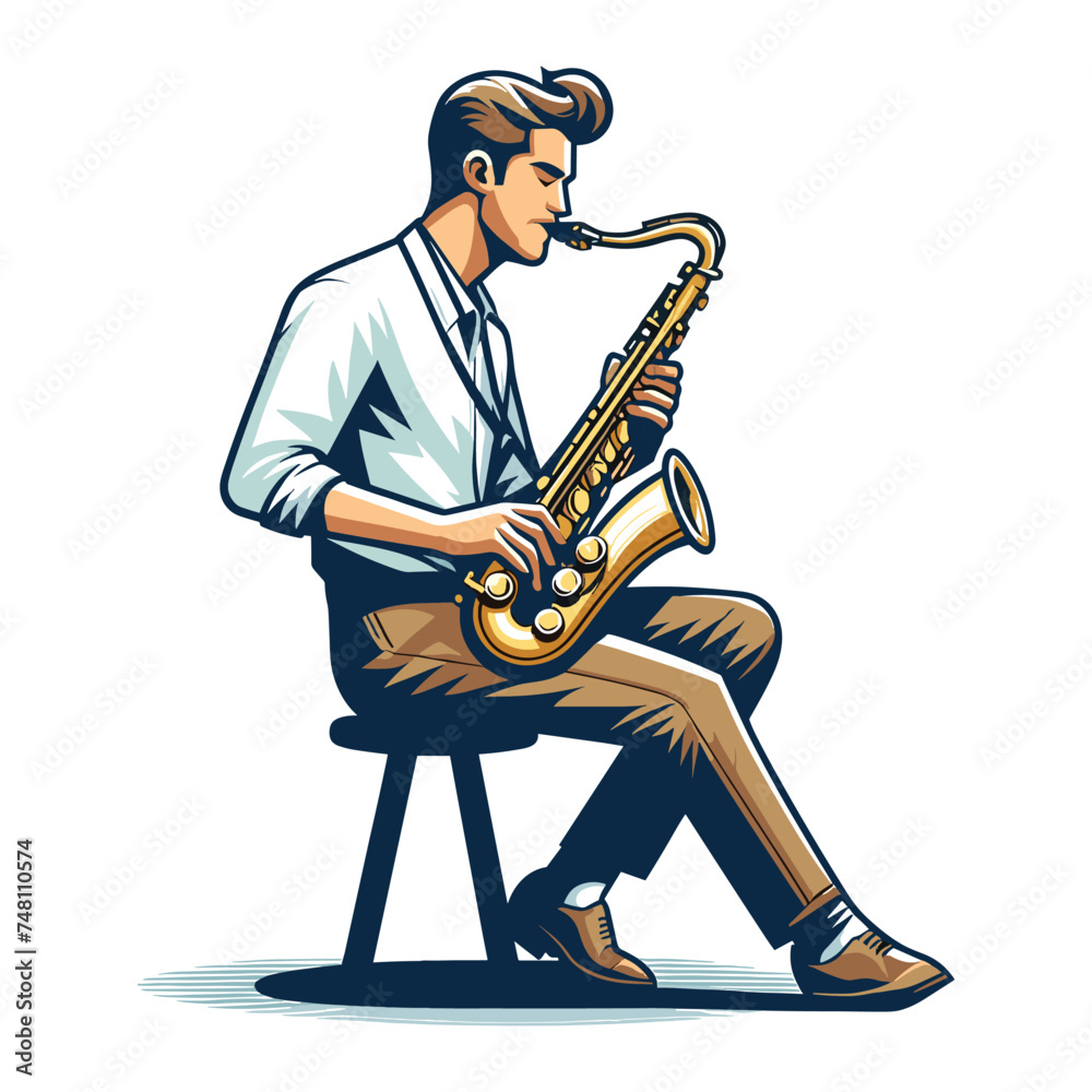 Naklejka premium Musician playing saxophone, music player performing solo, holding sax instrument in hands, man saxophonist, jazz and blues performance. Flat vector illustration isolated on white background