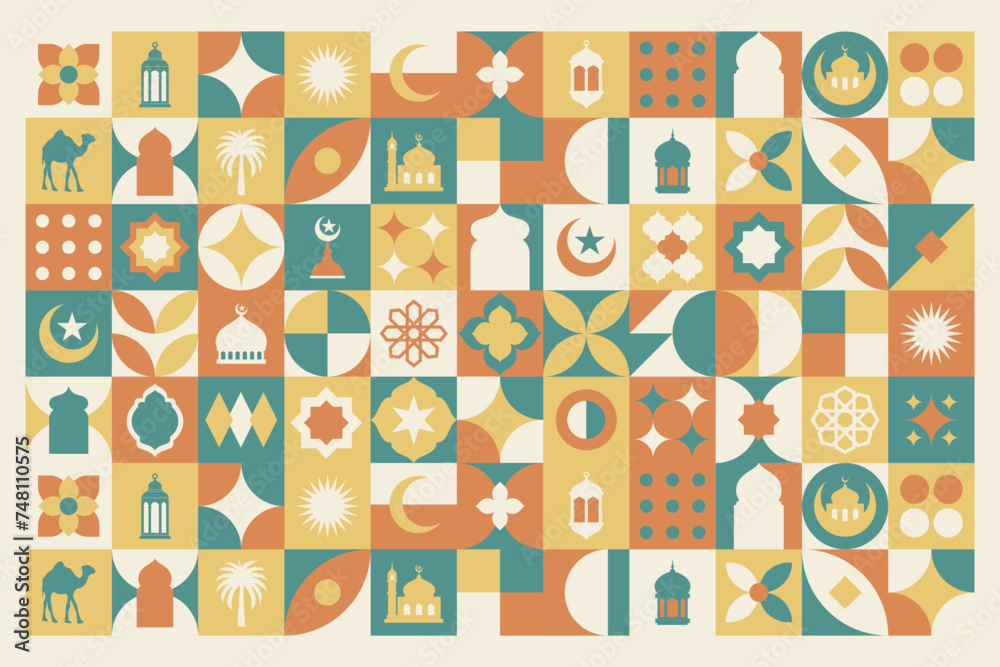 Geometric style colorful Islamic Ramadan Kareem banner, poster design, pattern and geometrical background. Mosque, moon, dome and lanterns. Minimalistic illustrations