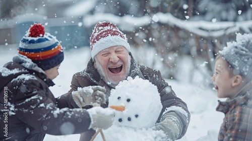 Elderly man laughs joyfully while building a snowman with his grandchildren in the backyard