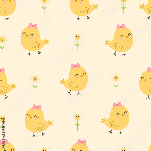 Cute chickens seamless pattern. Children's wallpaper for Easter. Yellow love flower background
