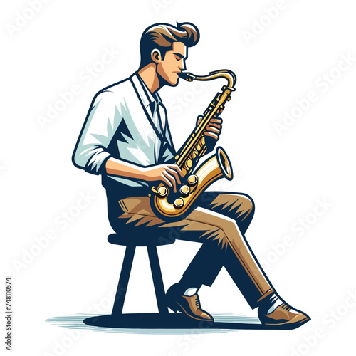 Musician playing saxophone, music player performing solo, holding sax instrument in hands, man saxophonist, jazz and blues performance. Flat vector illustration isolated on white background