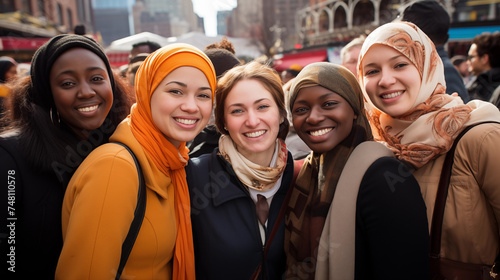 Diverse array of faces from different ethnicities and cultures converge, each person wearing a symbol of their religious identity Buddhist prayer bead necklace, Christian cross pendant, Muslim hijab. © AK528