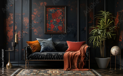 Vintage boho maximalist interior in dark colors. Shabby chic sofa with ornamental pillows and home plant. Oriental ethnic style. photo