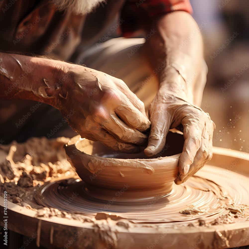 Close-up of a potter shaping clay on a wheel. 