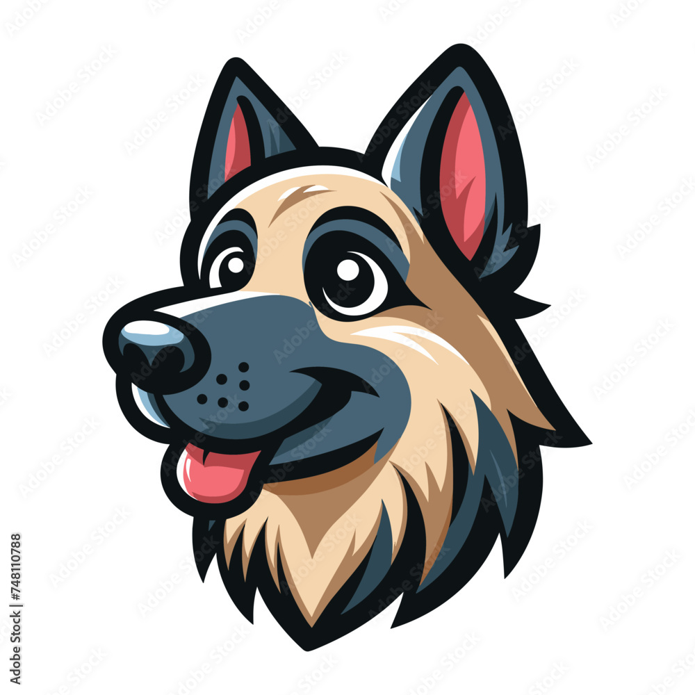 Fototapeta premium German shepherd dog cartoon mascot character vector illustration, cute adorable family pet, friendly dog head face design template isolated on white background