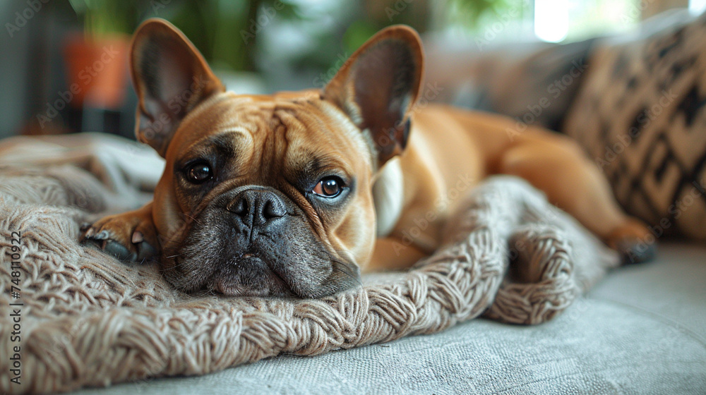 Favorite pet dog lies on the sofa in the living room. Difficulties of keeping a dog in the house.