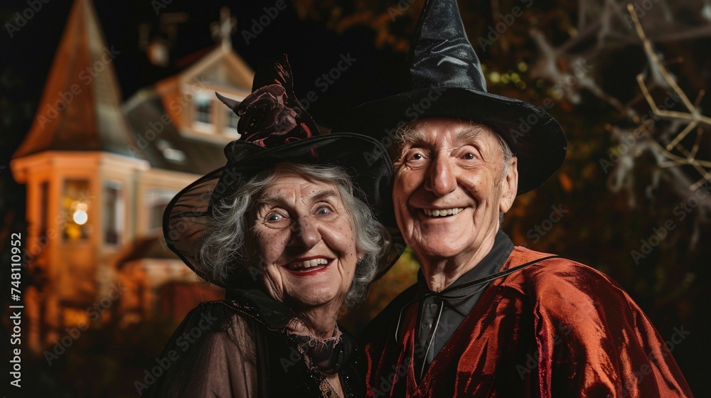 An elderly couple smiling and dressed as a spooky witch and wizard with a haunted house 