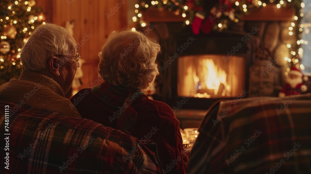 An elderly couple enjoys a cozy evening by the fireplace with a crackling fire and festive decorations