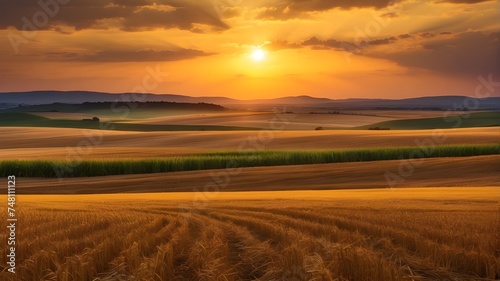 A rural view at dusk including a wheat field, "Sunset Over the Field, Artificial Intelligence Creates Sunset Over Field, Sunset Painting by AI: A Field's Serene Glow, Field Sunset Brought to Life AI