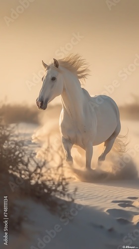 Majestic White Horse in Sunset Dunes