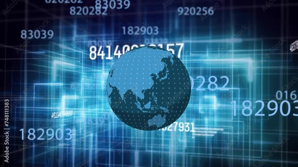 Animation of globe and data processing over dark background Animation of globe and data processing over dark background
