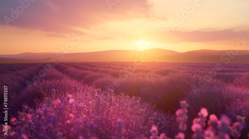 Sunset Over Blooming Lavender Fields