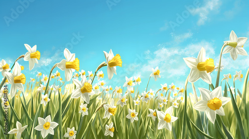 Serene Field of Blooming Daffodils Under Blue Sky