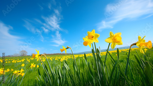 Vibrant Daffodil Field Under Blue Sky