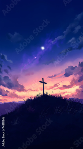 Twilight Silhouette of a Cross on a Hill