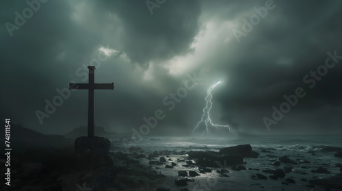 Stormy Seashore with Silhouetted Cross and Lightning