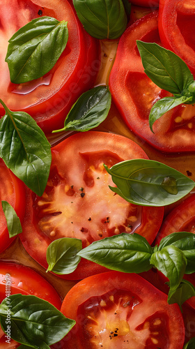 Fresh Sliced Tomatoes with Basil Leaves