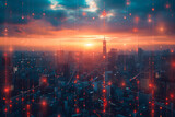 A city skyline at sunset enhanced with a digital network concept overlay, representing urban connectivity.
