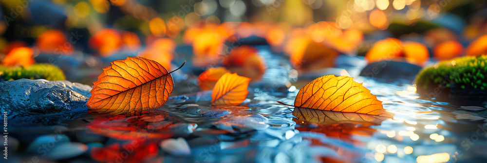Autumn Reflections, Colorful Leaves and Water Droplets on Bright Seasonal Background Autumn Reflections, Colorful Leaves and Water Droplets on Bright Seasonal Background