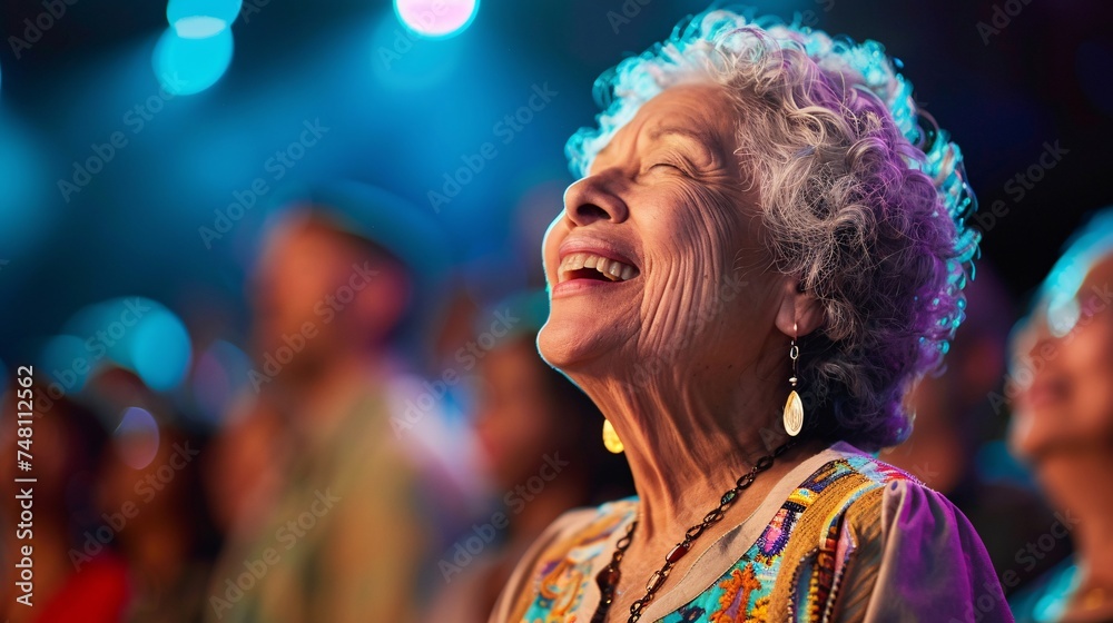 A senior woman smiling as she sings along with the crowd during a memorable outdoor concert 