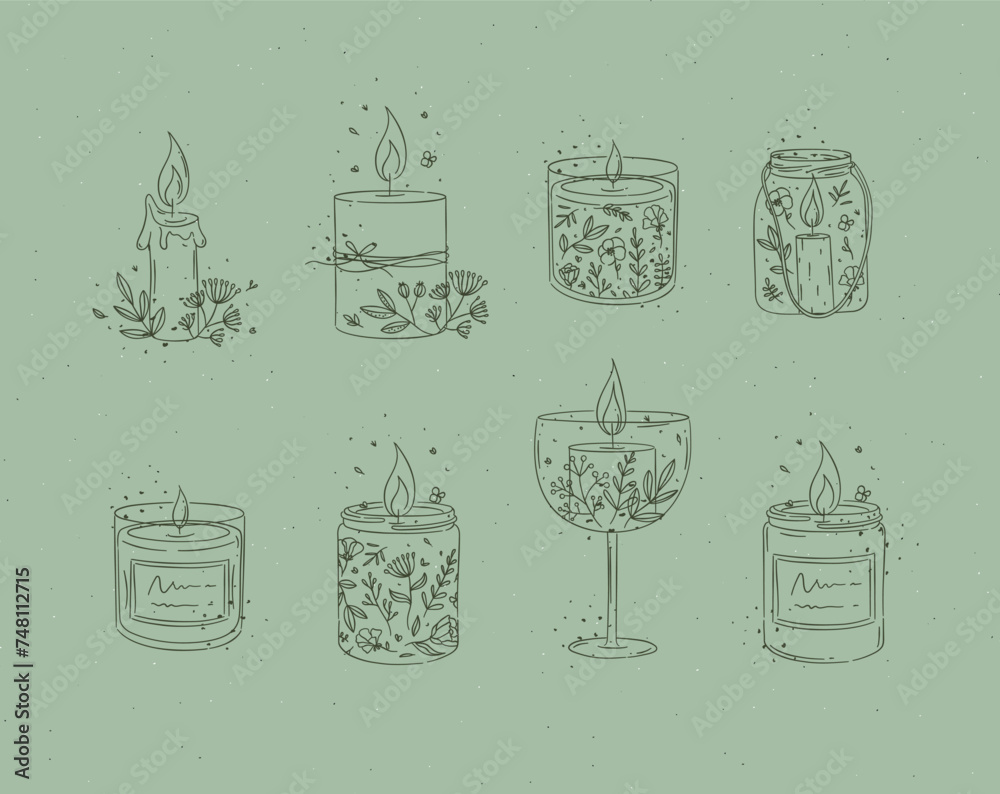 Candles with branches and leaves collection drawing on green background