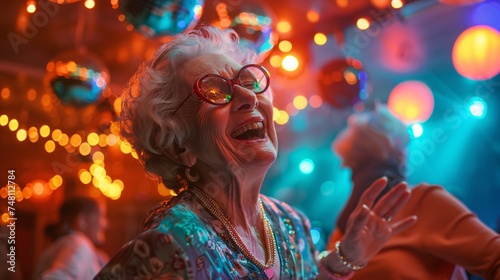 A senior woman smiling and dancing as she sings along to her favorite song during a karaoke session
