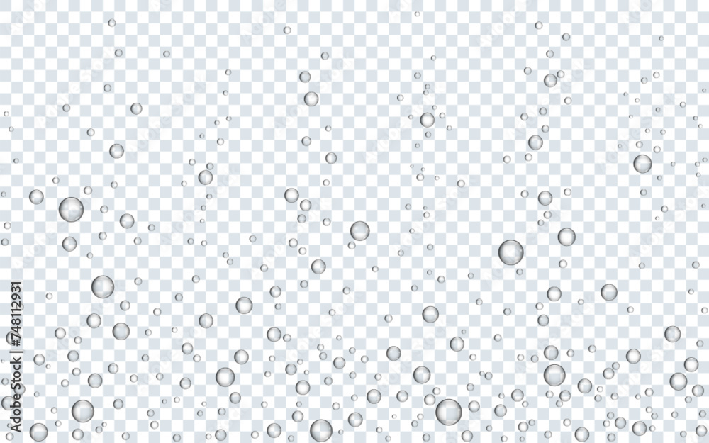 Bubbles water. Underwater sparks on transparent background. Realistic sparkling water. Fizzy air template. Oxygen bubbles effect. Aquarium or soda pop. Vector illustration