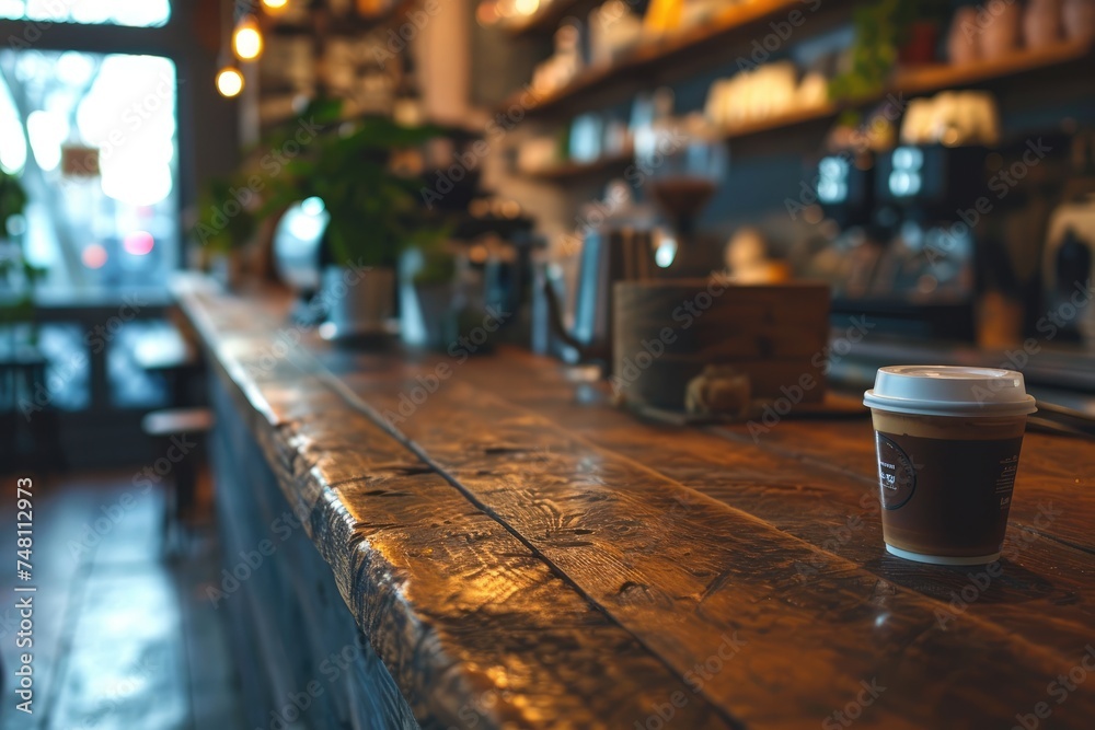 Rustic Elegance: Classic Coffee Shop Featuring a Wooden Counter, Creating a Cozy and Timeless Ambiance for Coffee Enthusiasts to Enjoy.