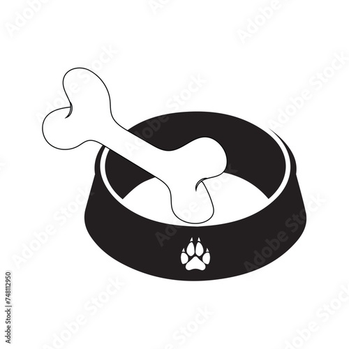 Dog Bowl With Bone Flat style icon vector illustration, black silhouette pet bowl with bone. Bowl for cat or dog for kibbles and water. Vector illustration in cute cartoon style