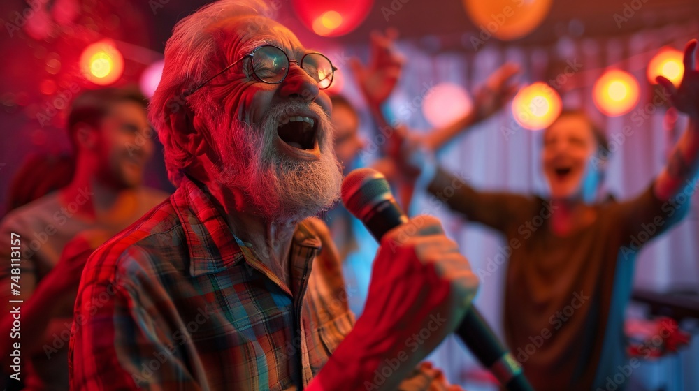 Senior man smiling and holding a microphone while belting out a favorite tune during a lively karaoke night