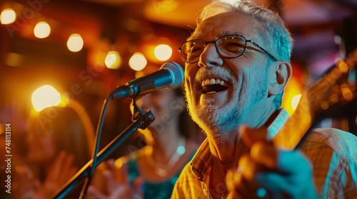 A senior man smiling and serenading the audience with a heartfelt performance at a karaoke bar