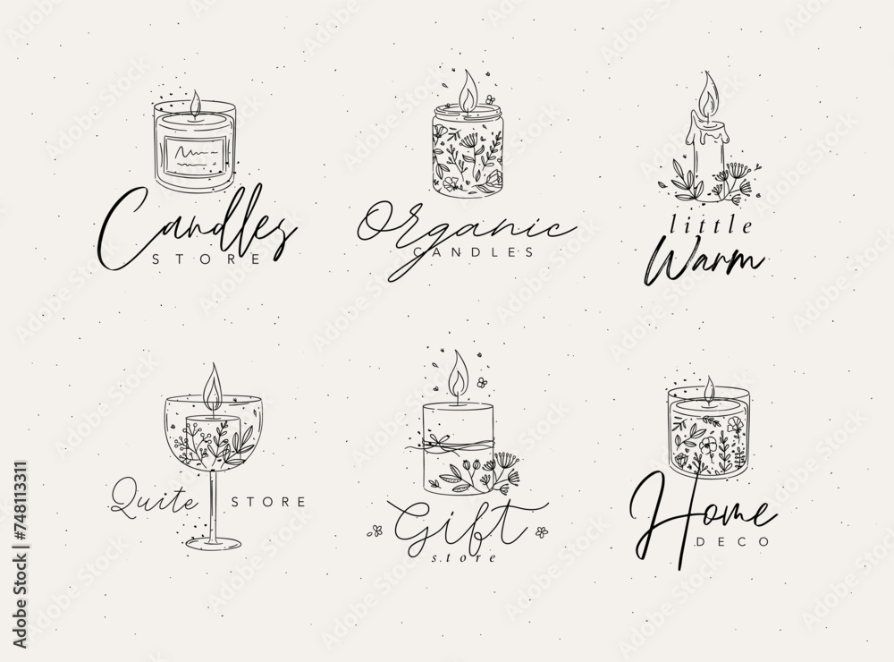 Candles with branches and leaves label collection drawing on light background