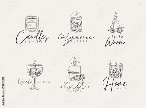 Candles with branches and leaves label collection drawing on light background