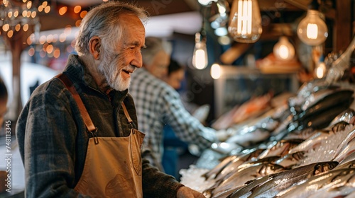 A senior fishmonger while choosing seafood at a bustling fish market © Maelgoa
