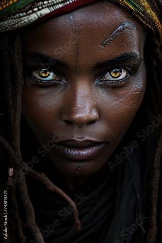 Tribal Grace: The Intriguing Beauty of an African Woman, Adorned with Tribal Markings, Dreadlocks, and Braids, Reflecting Cultural Heritage.